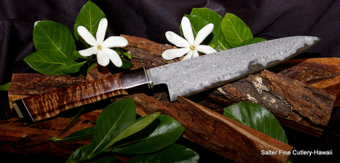 210mm chef knife with extra decorative handle using koa, ebony, nickel-silver and black and white decorative accents