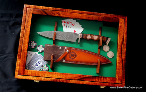 Salter Fine Cutlery and Kiku Collaboration Combat Chef Knife MkII with Gambler handle and wall display presentation