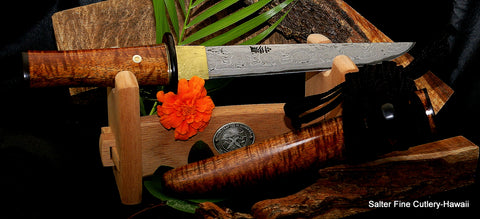 Specialty collectible knives featuring the signature Charybdis whirlpool pattern here with a Yoroi Doshi style artistic handle interpretation by Gregg Salter