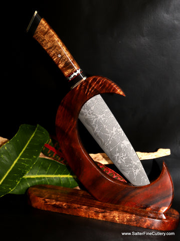 Salter Kiku collaboration collectible knife in stand by Gregg Salter of Salter Fine Cutlery
