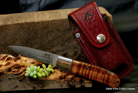 Handmade pocket knife with 3.5 inch blade and Hawaiian curly koa wood handle by Salter Fine Cutlery