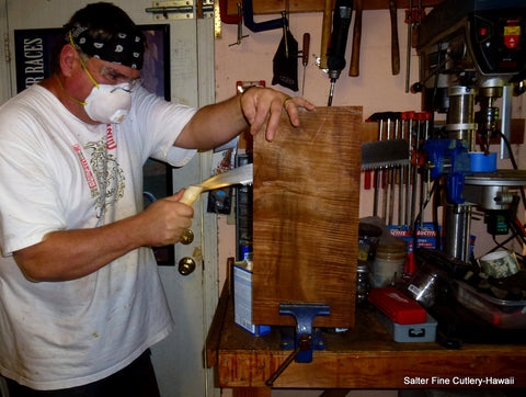 Sawing a piece of extremely rare wood for a box lid Salter Fine Cutlery