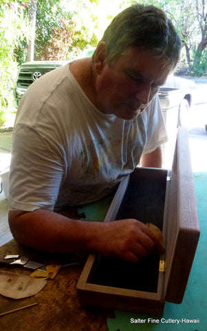 Gregg Salter making a presentation box for a 10-piece steak knife set