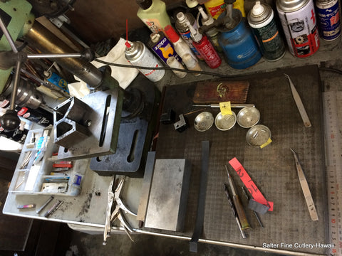 The work bench where this pocket knife was made. No fancy machines in sight!
