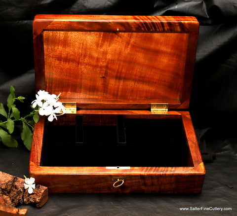 Handcrafted Hawaiian curly koa wood jewelry box with padded and velvet liners by Salter Fine Cutlery