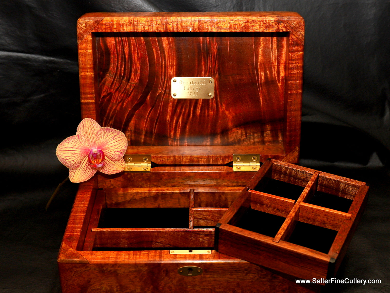 Ladies special request jewelry box with custom trays and engraved plate by Salter Fine Cutlery of Hawaii