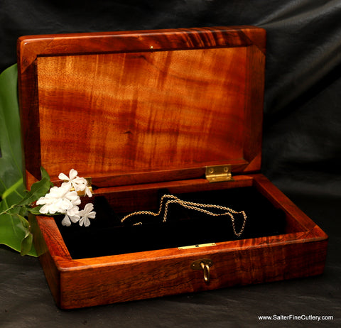 Medium Jewelry or Treasures Box handcrafted from curly koa wood by Salter Fine Cutlery of Hawaii