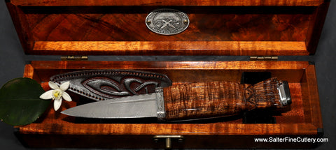 Beautiful stainless damascus sgian dubh Scottish ceremonial knife with sterling silver decorative embellishments in matching keepsake box by Salter Fine Cutlery of Hawaii