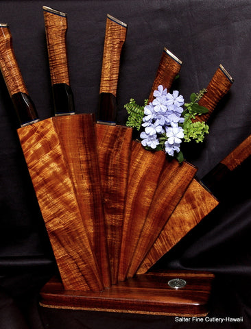 Shirogami damascus handmade Chef Knives in custom design Fan Stand by Salter Fine Cutlery Hawaii
