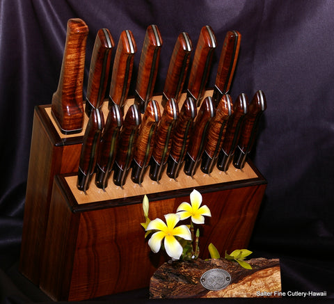 Large handmade steak and chef knife set with matching stand from Salter Fine Cutlery