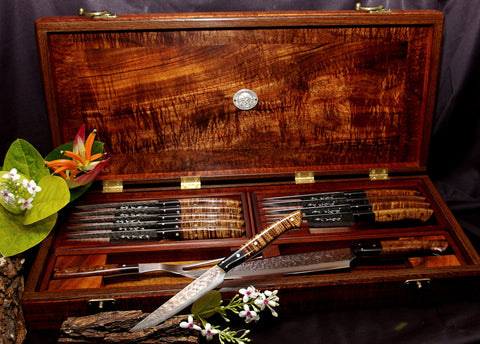 Handcrafted stainless steel steak knives in beautiful exotic wood presentation display box by Salter Fine Cutlery