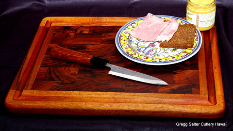 Small end-grain koa wood chopping board with utility knife 