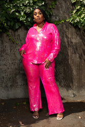 "Electriq Vibes" Sequin Pant Set - Fuchsia Pink