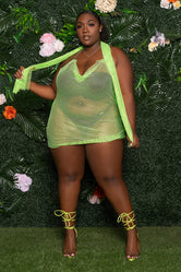 "Liberian Girl" Fishnet Rhinestone Cover Up Dress w Scarf - Neon Green