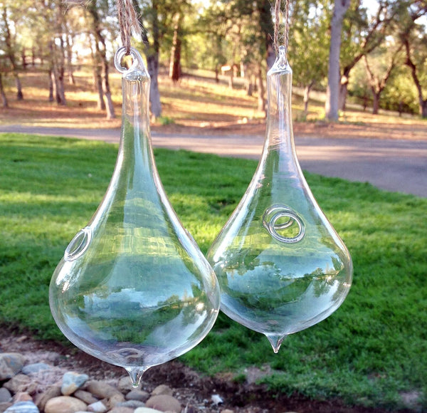 Set of 2 Beautiful Hand Blown Teardrop Shaped Hanging Glass Planters