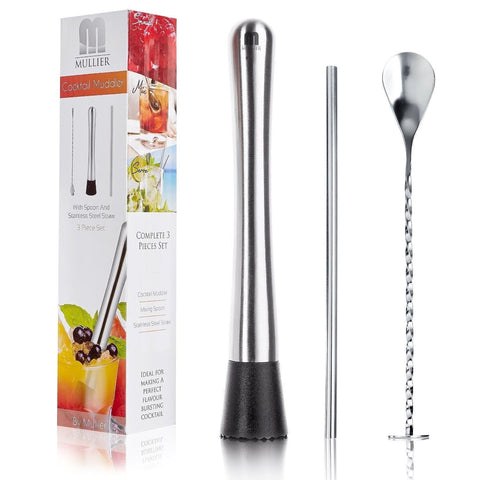10" Stainless Steel Drink Muddler Mixing Spoon and Straw Set by Mullier - Chickadee Solutions - 1