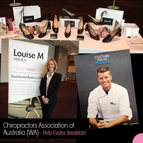 Louise M shoes at Chiropractors Association of Australia (WA) Pete Evans breakfast. Showing black leather ladies court shoes for airline cabin crew and corporate women.