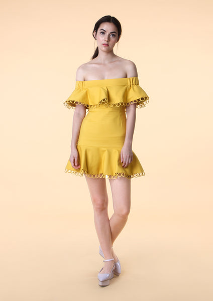 off the shoulder mustard yellow dress