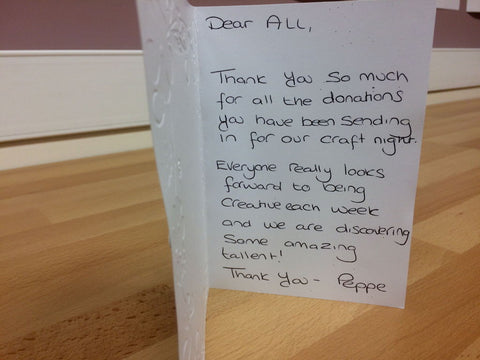 handmade Thank You card for our donors who sent unwanted craft supplies to be used by the homeless hostel