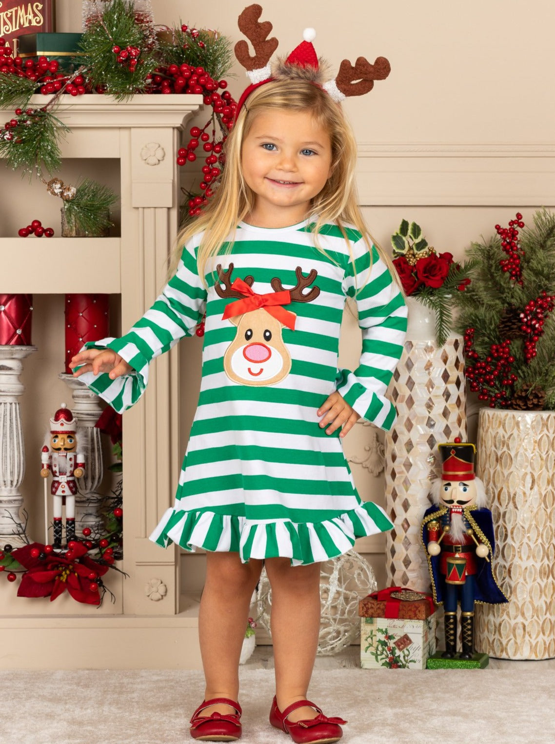 Cute Christmas Dresses  Little Girls Rudolph Striped Ruffled Dress – Mia Belle Girls