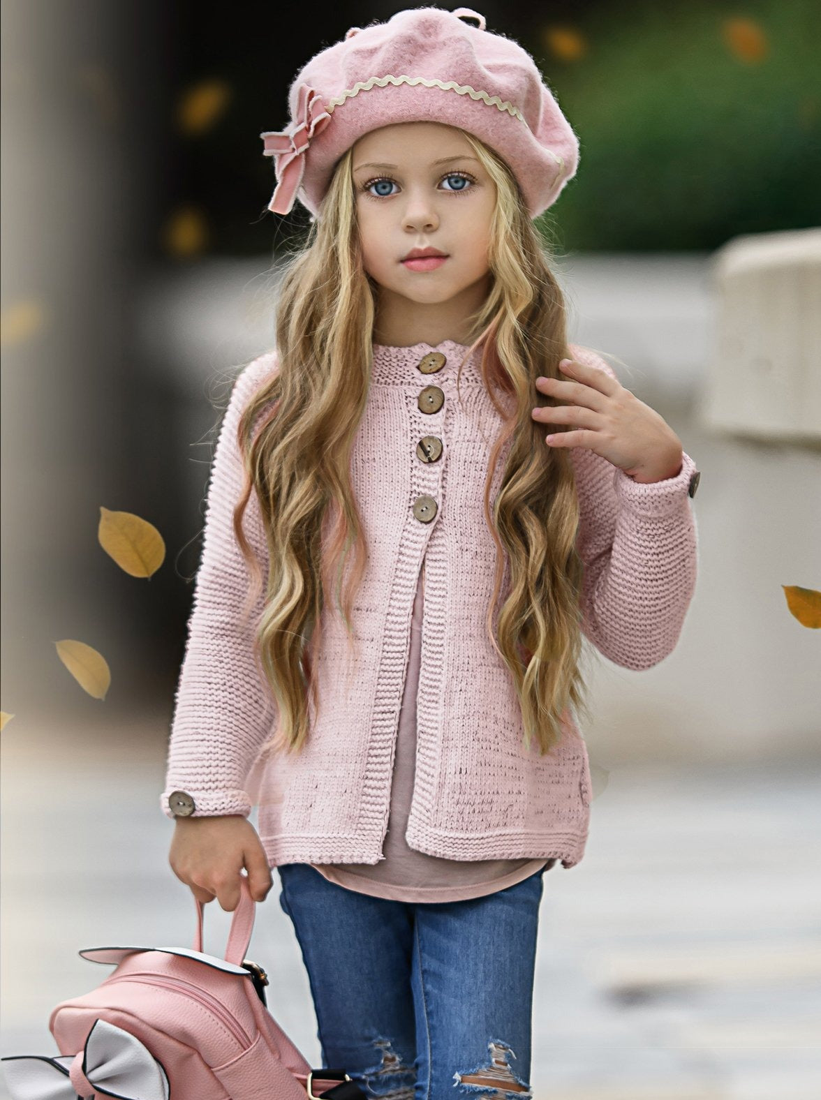 material Vamos Hacia abajo Little Girls Fall Pink Button Up Knit Cardigan - Mia Belle Girls