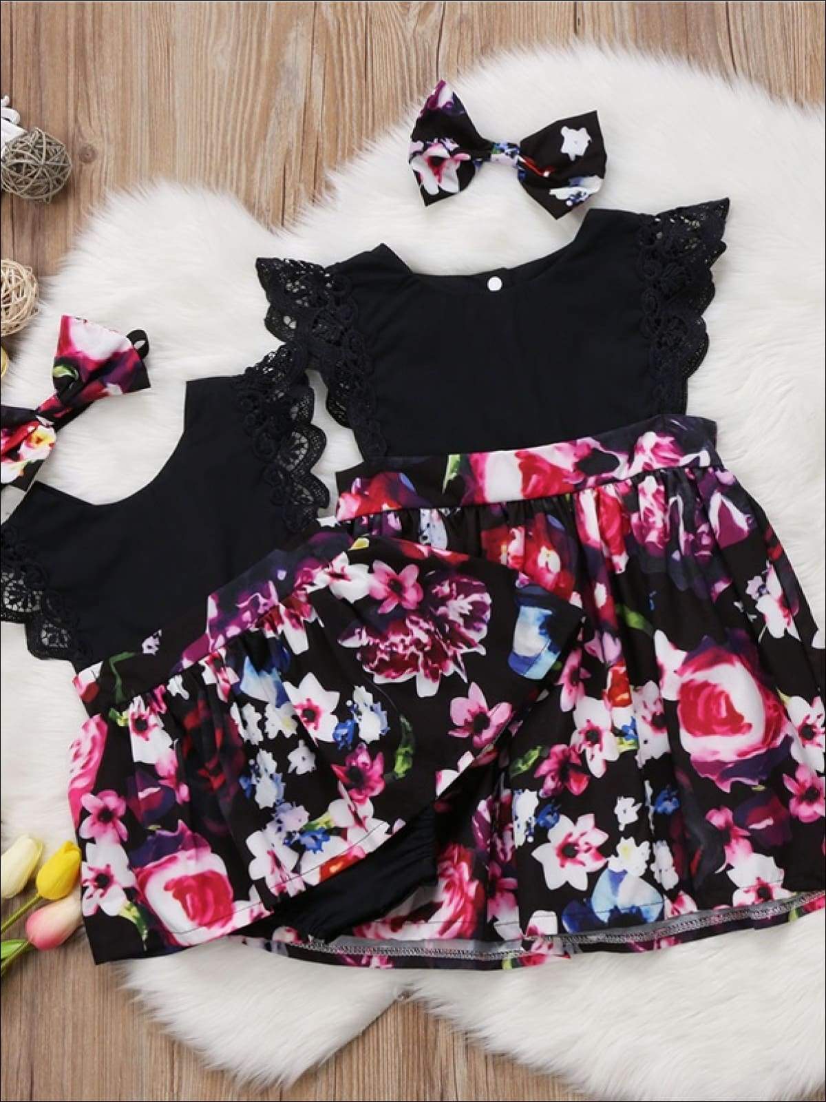 Big Little Sister Floral Matching Clothing Lace Ruffle Sleeve Romper Dress Outfit Clothes