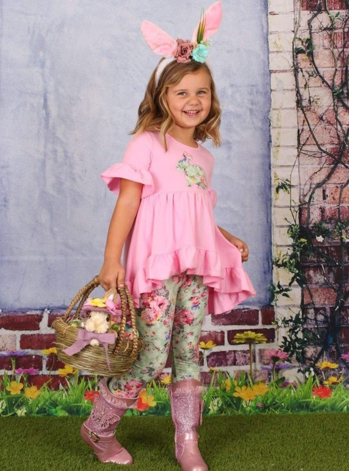 NEW Easter Bunny Rabbit Girls Pink Ruffle Tunic Shirt Leggings Outfit Set 