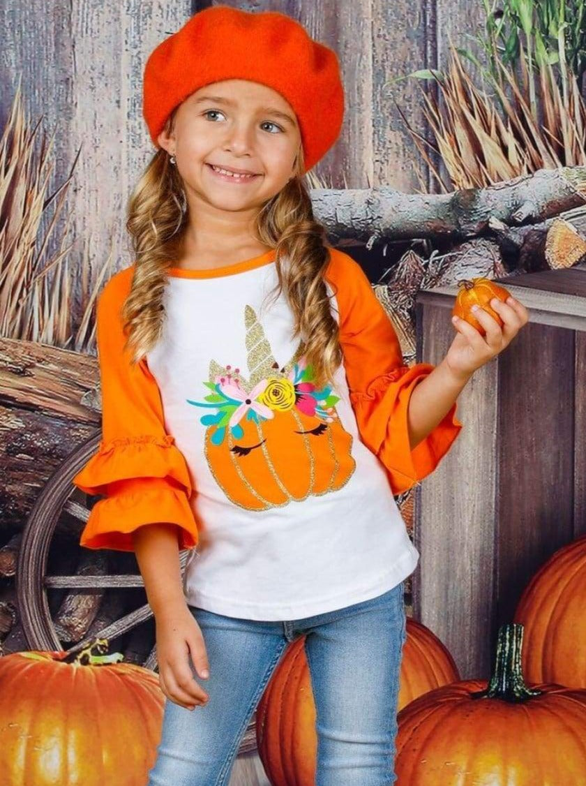 Toddler Kids Baby Girl Unicorn Pumpkin Ruffles Long Sleeve T-Shirt Tops Outfits 