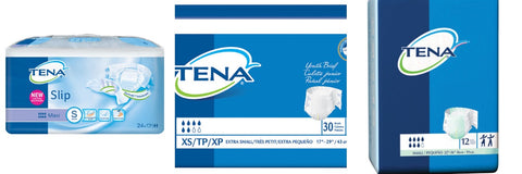 TENA Small Briefs line: Youth, Small & Slip Maxi packaging