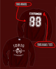 Idris University Custom Back Name and Number Crewneck Sweatshirt MAROON - Meh. Geek - 1