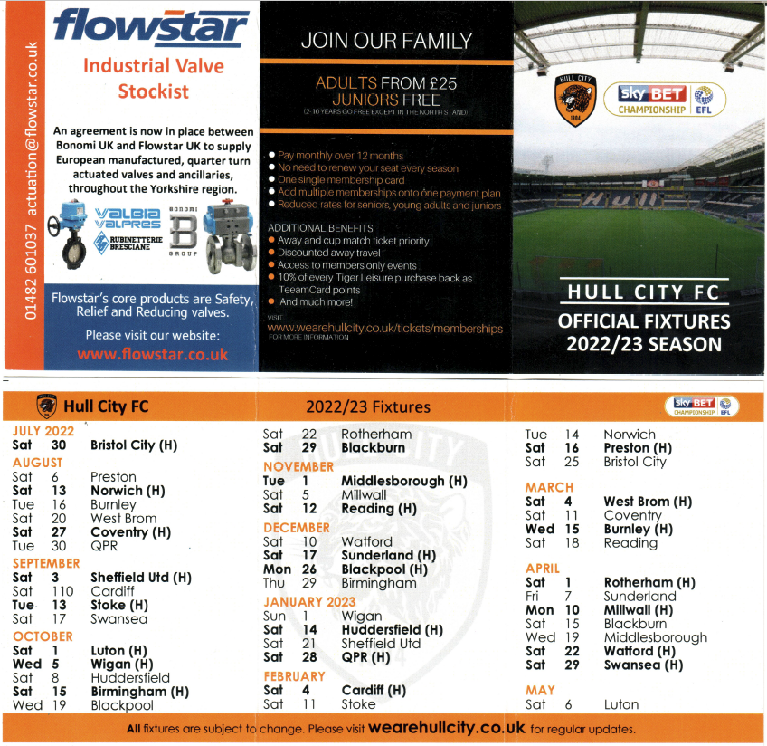 Flowstar Advert Hull City FC Official Fixture List Cards 2022/23