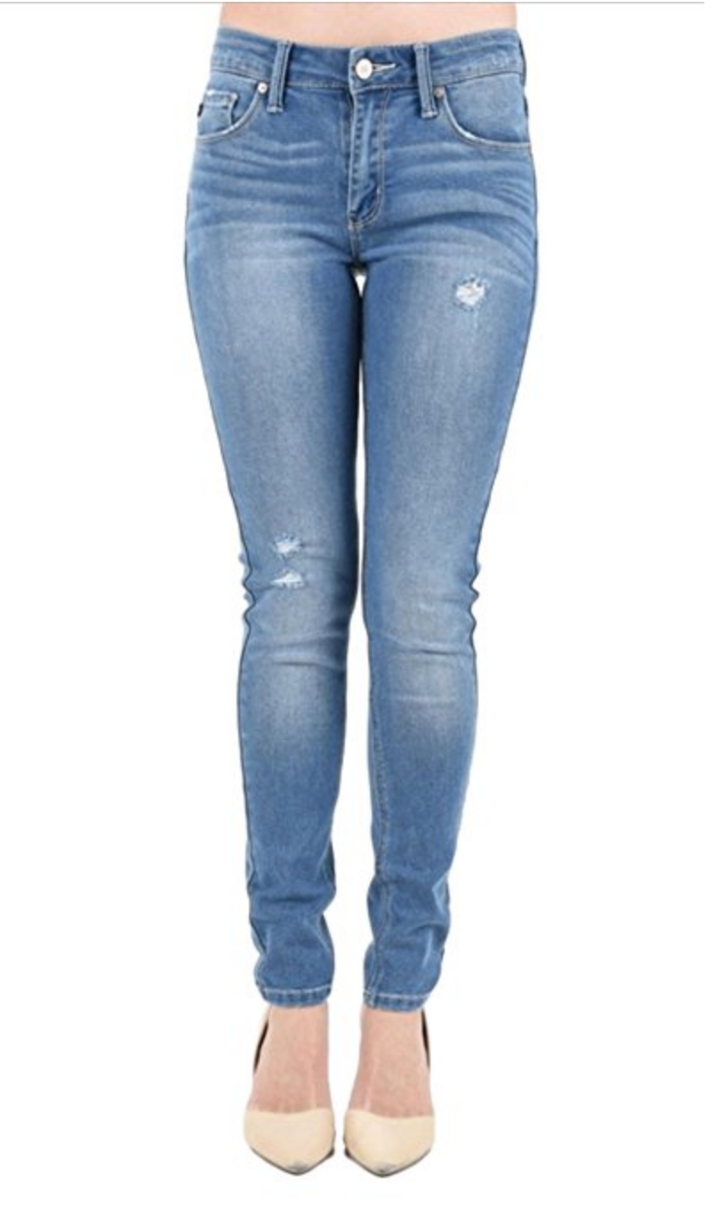 Kan Can Women's Mid Rise Dark Wash Destroyed Skinny Jeans KC7205 