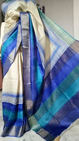 White Tussar Silk Madhubani Sarees (Add to Cart Get 15% Extra Discount)