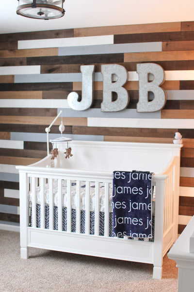 nursery wood wall white crib name blanket personalized modern 
