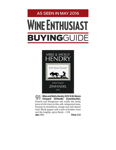 A flyer from the Wine Enthusiast describing the Mike & Molly Hendry Zinfandel and giving it 91 points.