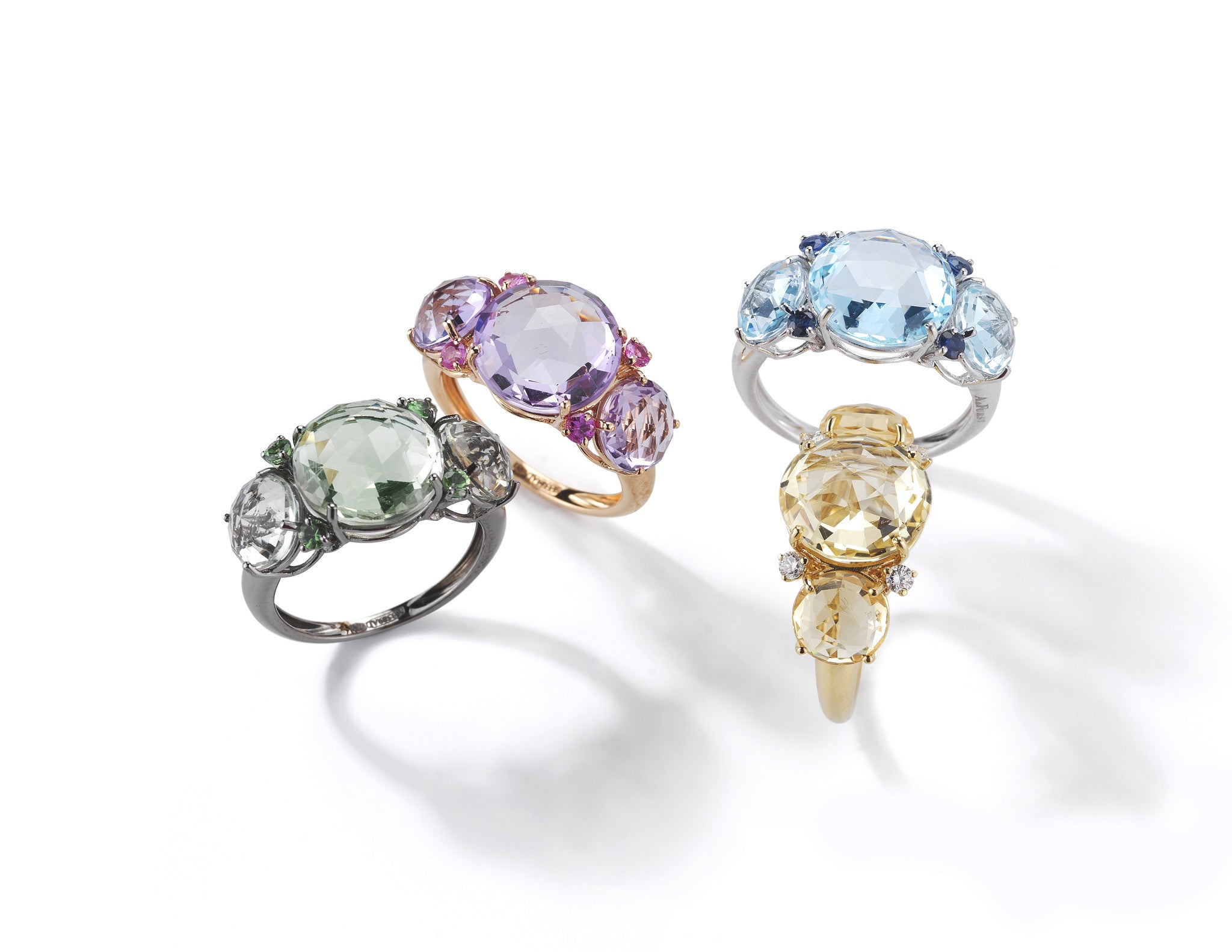 A-FURST-LILIES-RINGS-PRASIOLITE-ROSE-DE-FRANCE-CITRINE-BLUE-TOPAZ