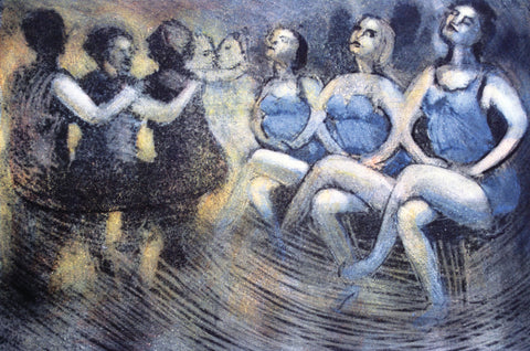 Art Greeting Card, etching of lady dancers sitting in a row with kissing couple in the background