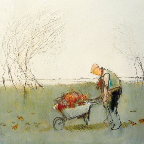 Old man with a wheel barrow in a garden