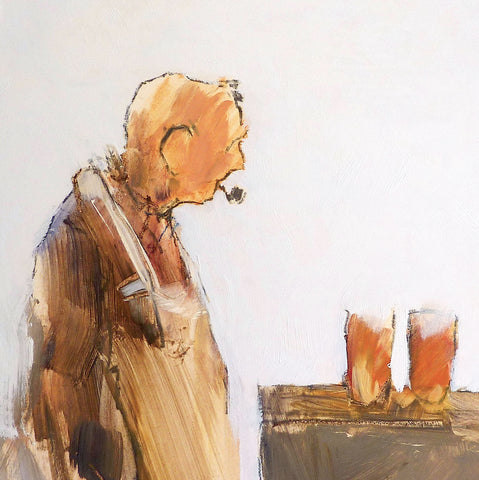 Old man with a pipe looking at two pints of beer