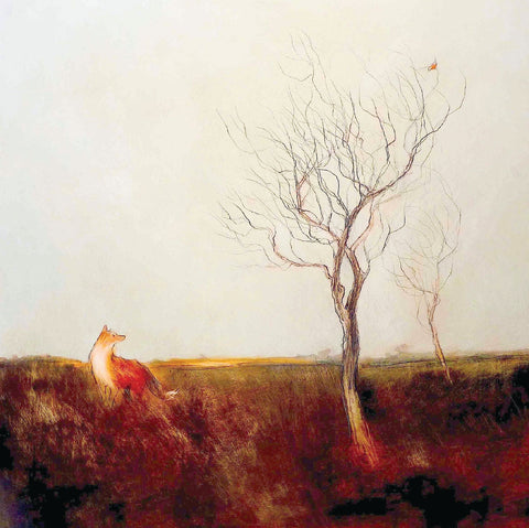 A fox looking at  Redstart bird in a tree