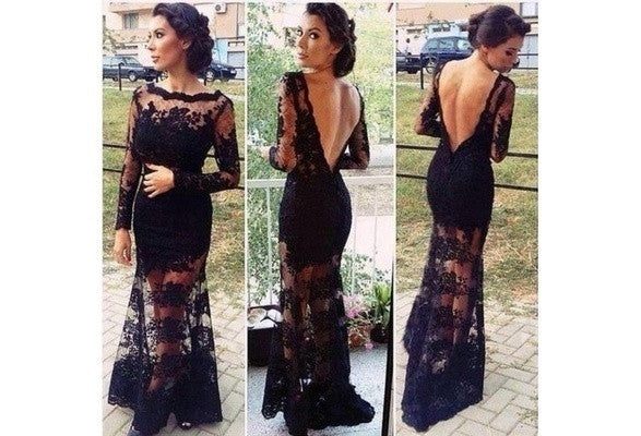 2014 New Arrival Mermaid Scoop Long Sleeves Floor Length Lace Black Appliques Open Back Evening Prom Dresses Prom Gown 1696884228