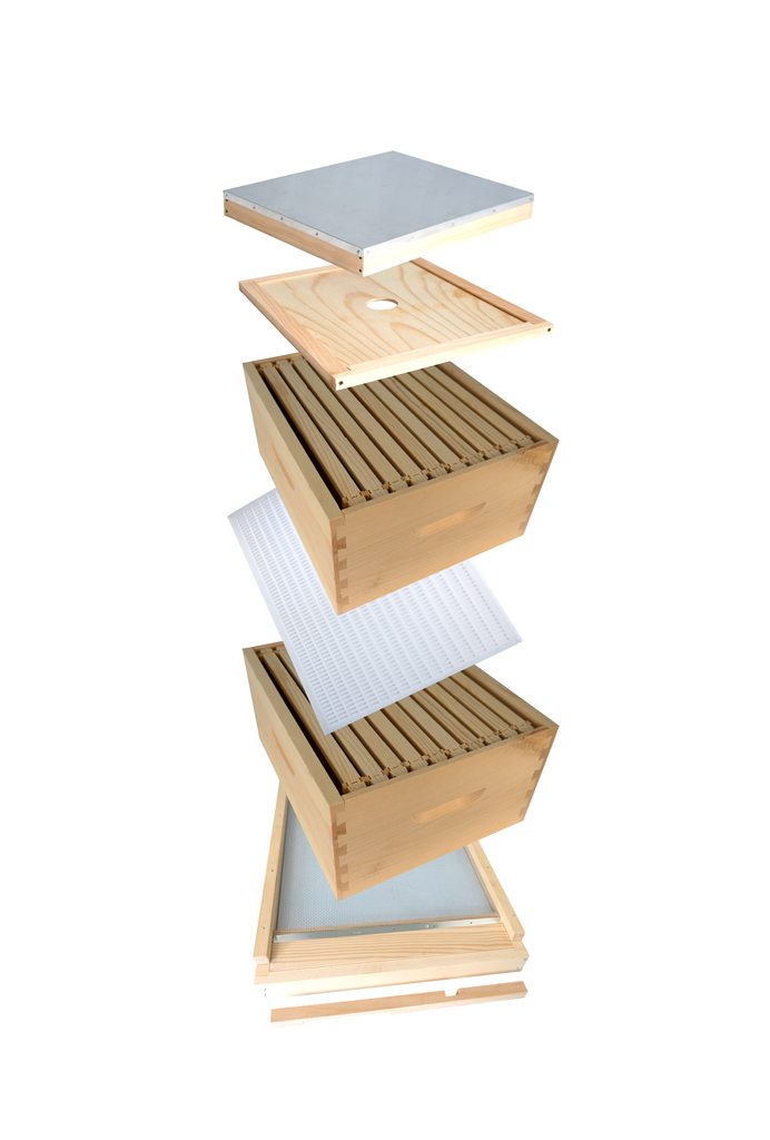 Standard langstroth complete hive includes telescoping top, inner cover, two deep hive body and 20 wooden frames with plastic foundation, screened bottom board and a queen excluder. A package to start a new hive!