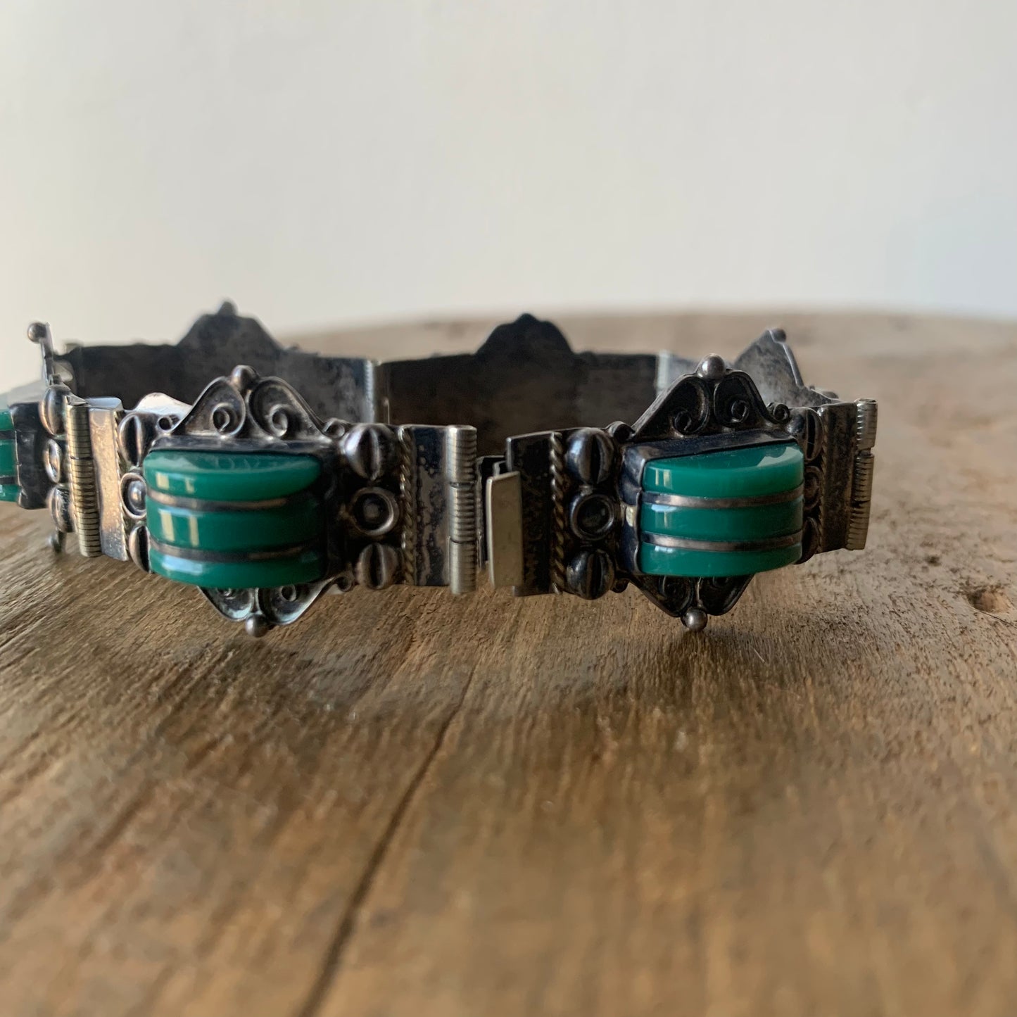 Sterling Silver Bracelet w/ Green Inlays