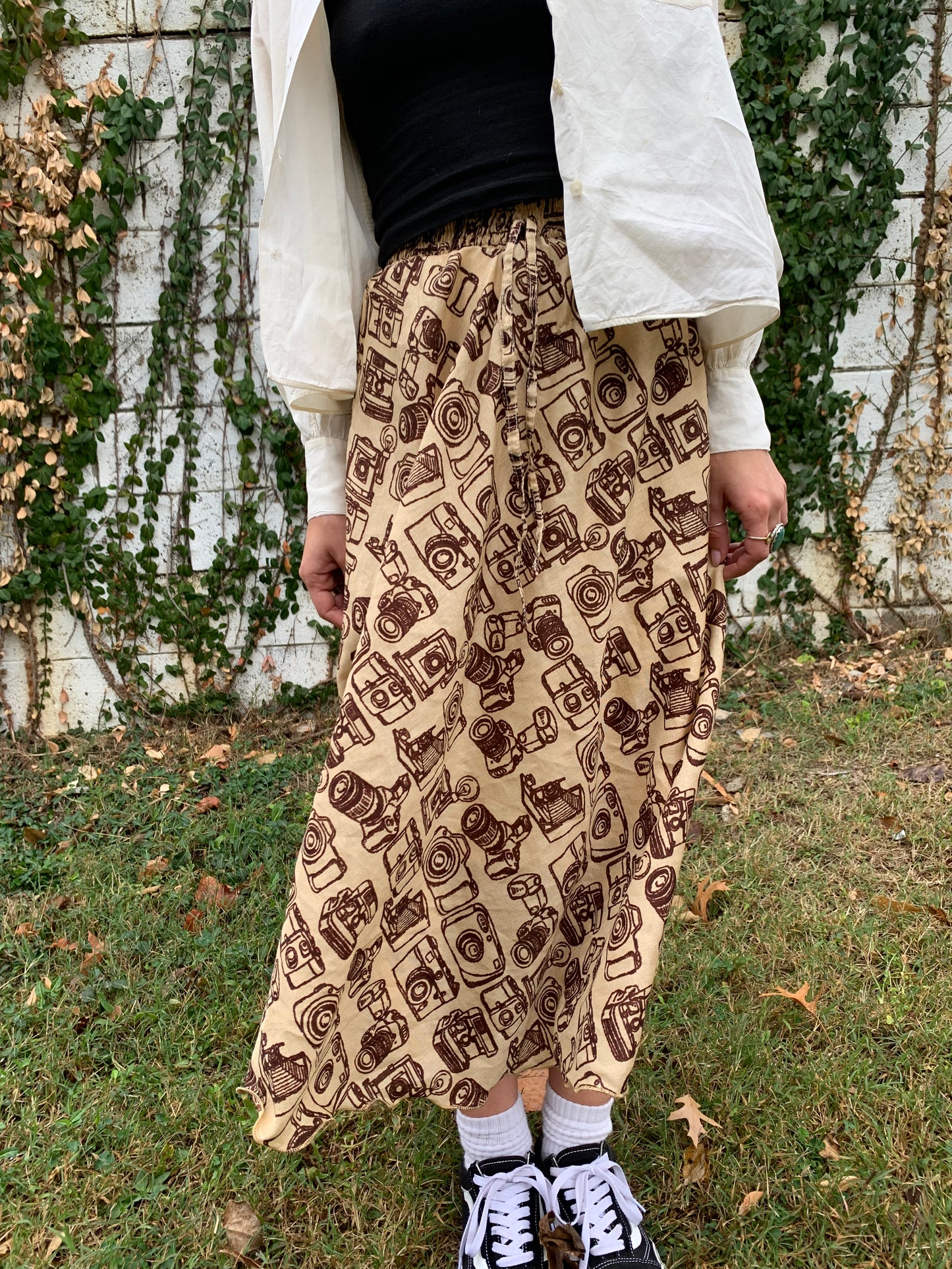 Vintage Cameras Print Tan & Brown Skirt (20”-24”)