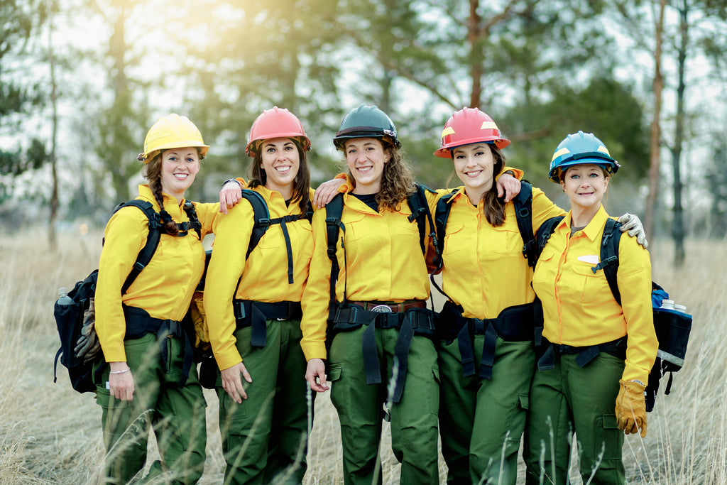 all woman wildland fire crew with gear ready to work