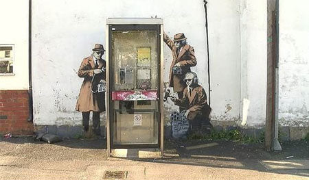 Banksy GCHQ Government Spies Telephone Box Graffiti - Cheltenham, Gloucestershire
