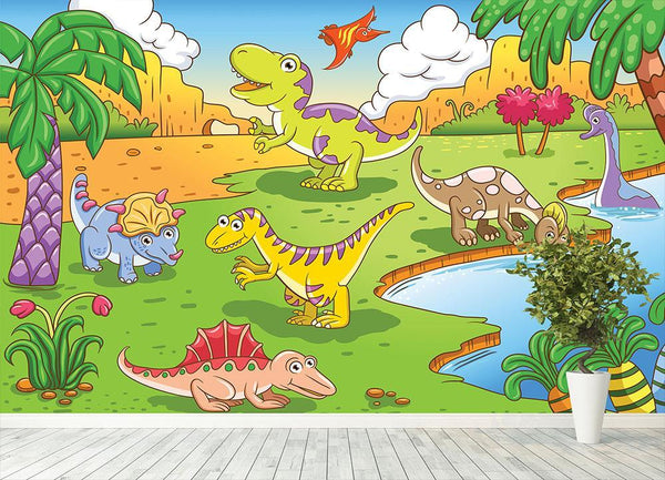 Cute dinosaurs in prehistoric scene Wall Mural Wallpaper