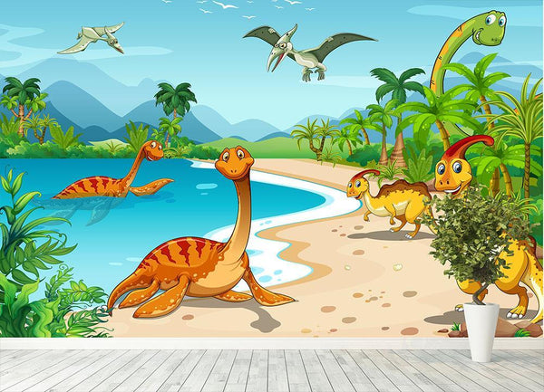 Dinosaurs living on the beach Wall Mural Wallpaper