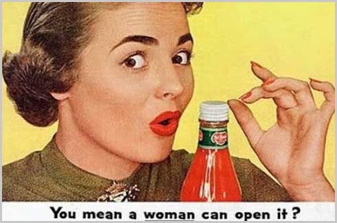 Woman opening ketchup bottle ad
