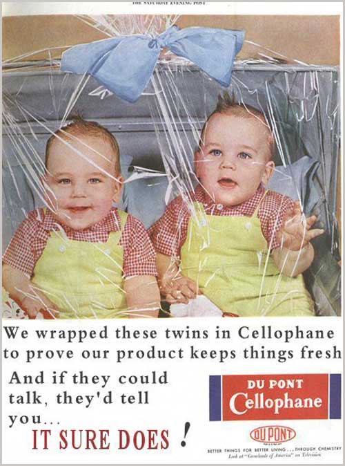 Wrapping twins in cellophane vintage ad